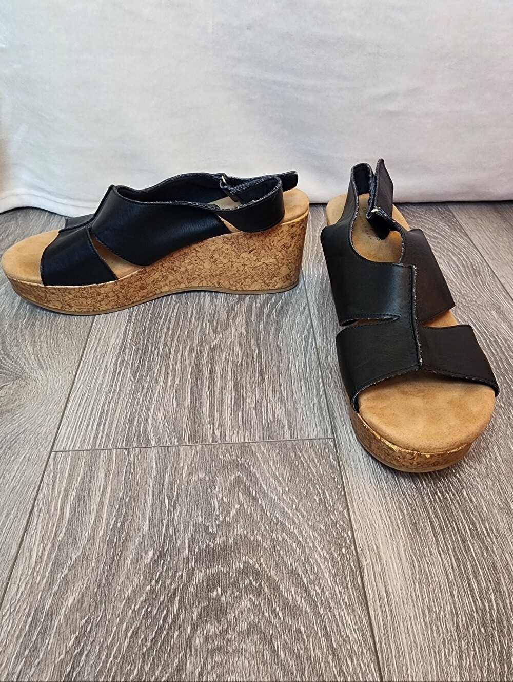 Cork Wedge Sandals with Thick Black Straps Women's 9.5